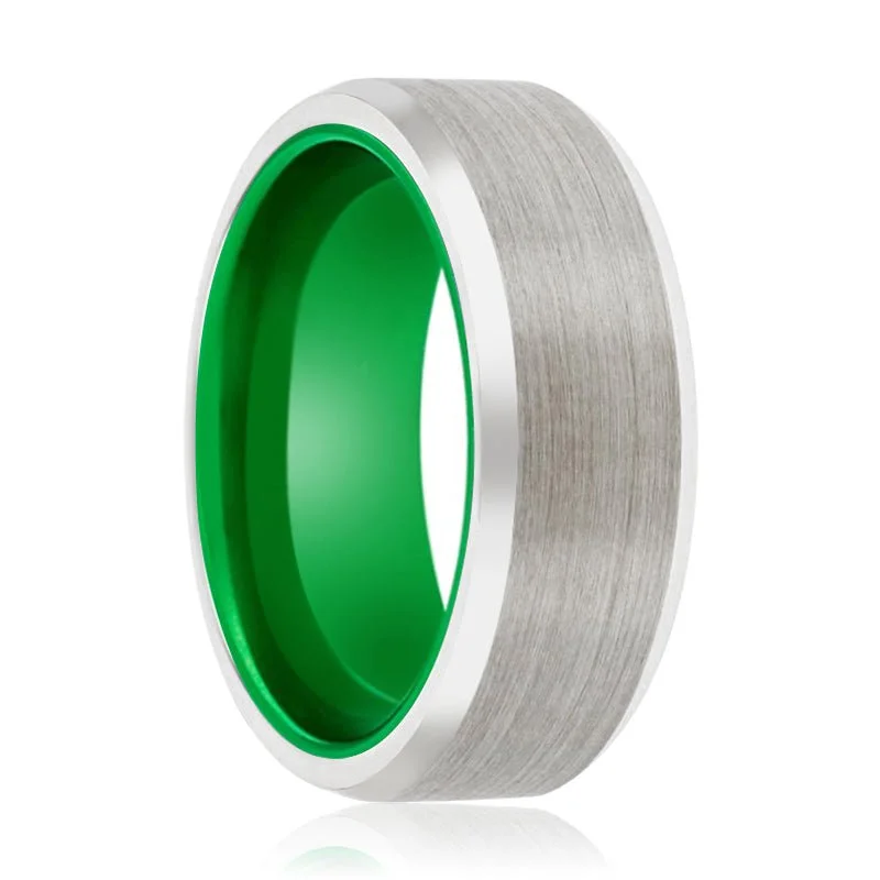 bridal rings for women-FROGGER | Green Ring, Silver Tungsten Ring, Brushed, Beveled