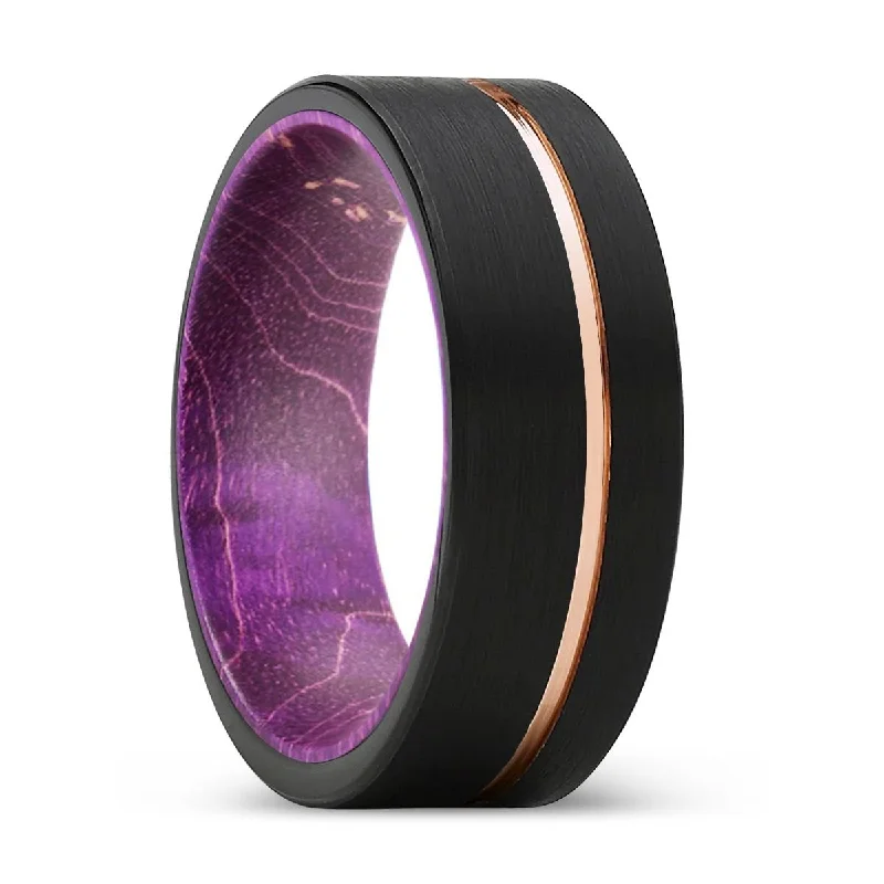 stylish rings for women-VIRTUE | Purple Wood, Black Tungsten Ring, Rose Gold Offset Groove, Brushed, Flat