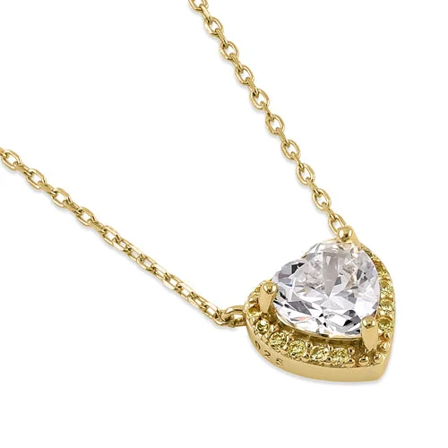 stackable necklaces for women-Sterling Silver Clear and Yellow CZ Heart Halo Gold Plated Necklace