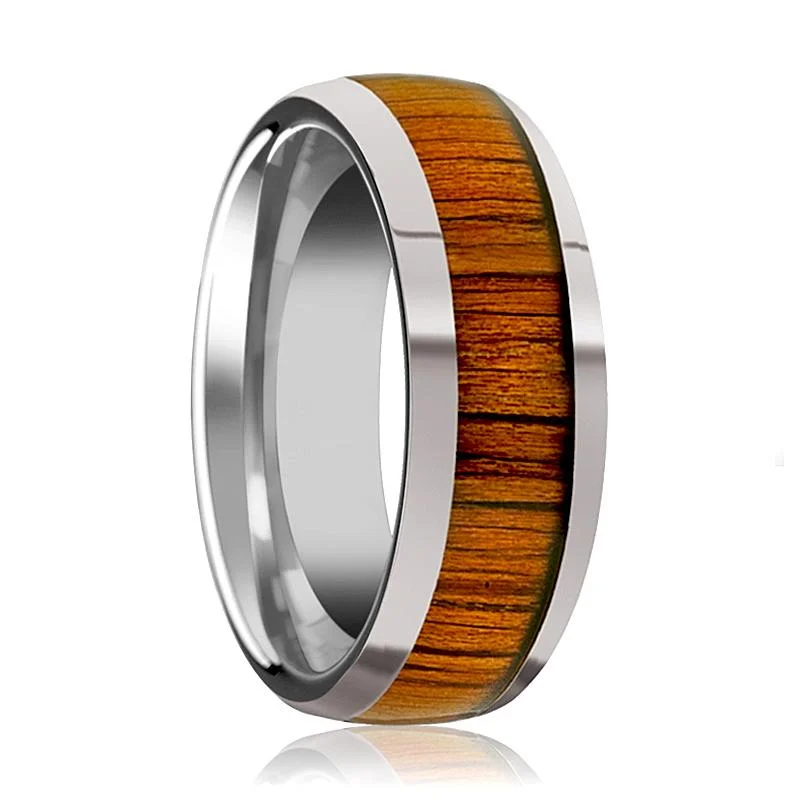 modern rings for women-KAMEHA | Silver Tungste Ring, Koa Wood Inlay, Domed