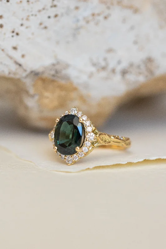 beautiful gemstone engagement rings for women-Diamond halo and big natural teal sapphire engagement ring, nature inspired yellow gold ring / Florentina