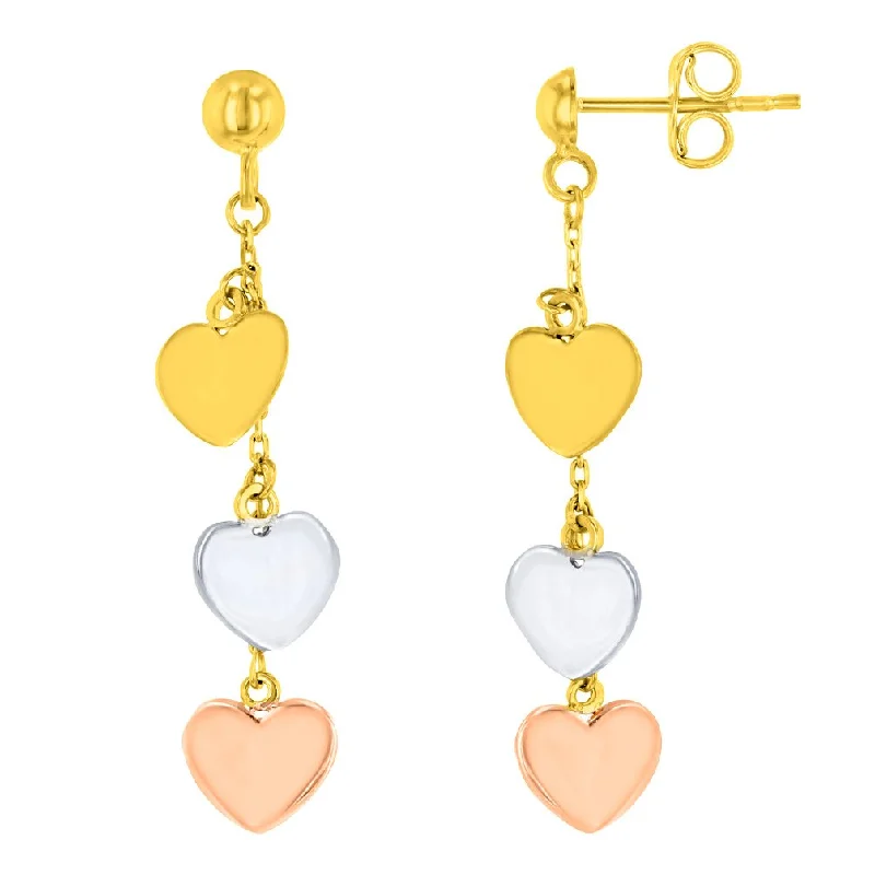 dangling earrings for women-Solid 14K Tri-Color Gold Three Hearts Dangling Earrings