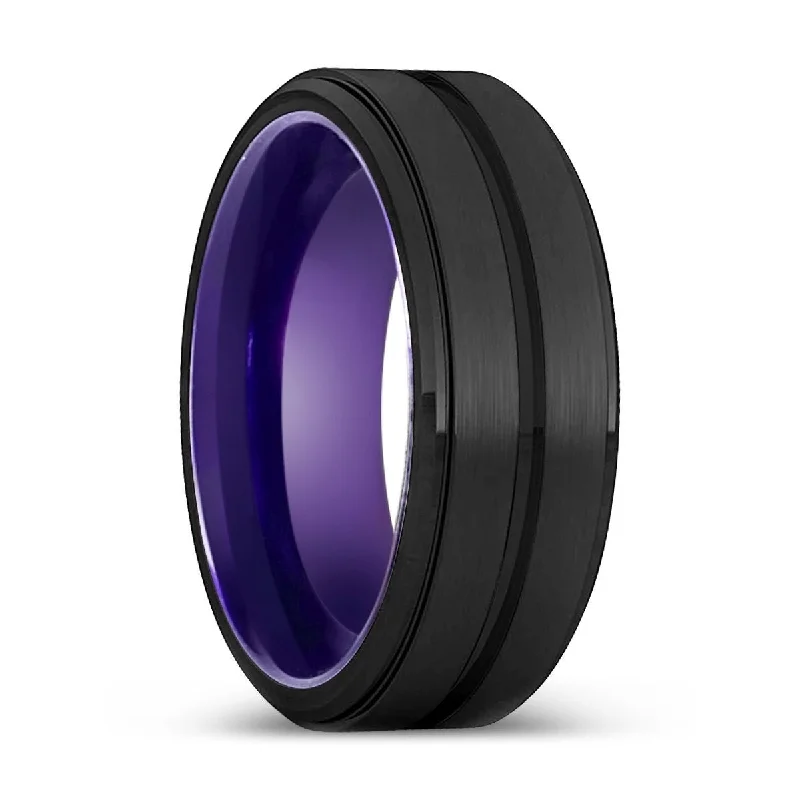 designer rings for women-REX | Purple Ring, Black Tungsten Ring, Grooved, Stepped Edge