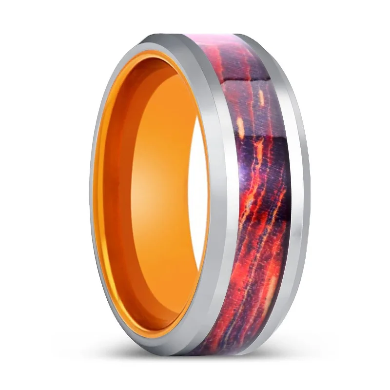 sterling silver engagement rings for women-GALAXIUM | Orange Tungsten Ring, Galaxy Wood Inlay Ring, Silver Edges