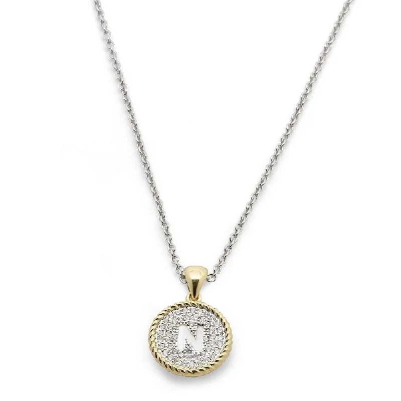 chokers for women-Two Tone Necklace Round Pave Initial - N