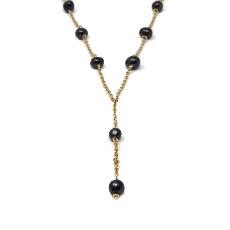 romantic gold necklaces for women-Stainless Steel Black Pearl Station Necklace Gold Plated