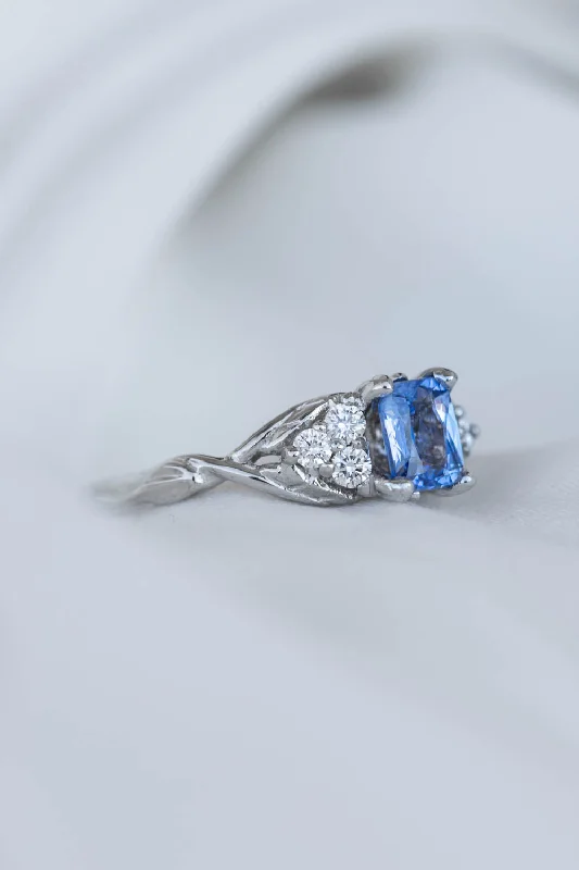 romantic engagement rings for women-Natural light blue sapphire engagement ring, emerald cut gemstone ring with accent diamonds / Gloria