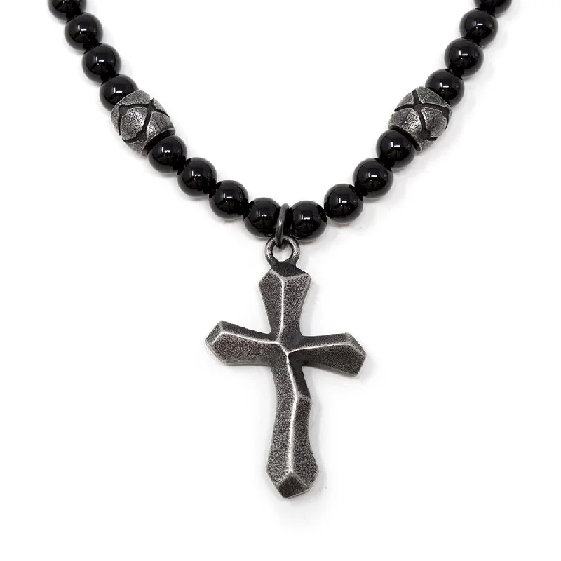 romantic necklaces for women-Stainless Steel Black Onyx Beads Cross Pendant Necklace