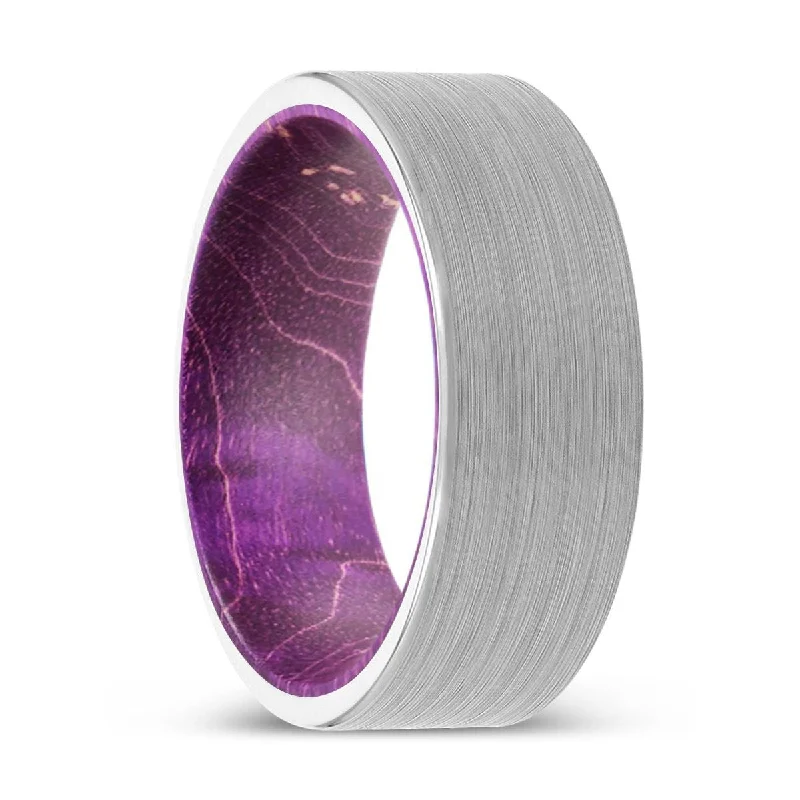 gold rings for women-ENRICO | Purple Wood, White Tungsten Ring, Brushed, Flat