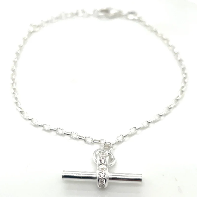 sterling silver bracelets for women-Sterling Silver Cz T-Bar Bracelet