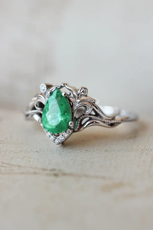 handmade engagement rings for women-Natural emerald and diamonds engagement ring / Lida small