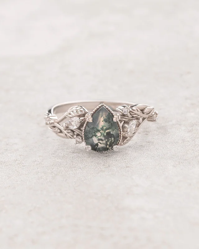 bridal ring sets for women-Unique moss agate engagement ring with diamonds, nature themed leaves and diamonds ring / Patricia