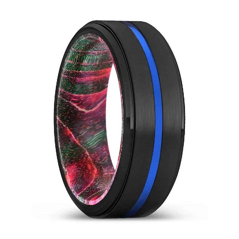 stackable rings for women-SMISON | Green & Red Wood, Black Tungsten Ring, Blue Groove, Stepped Edge