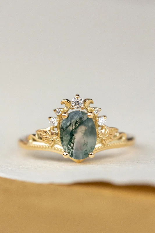 simple engagement rings for women-Dendritic moss agate engagement ring, gold ivy leaves proposal ring with accents diamonds / Ariadne