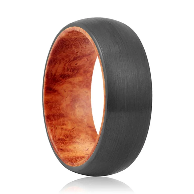 silver wedding rings for women-CARMINE | Red Burl Wood, Black Tungsten Ring, Brushed, Domed