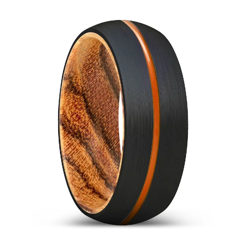 simple wedding rings for women-BOTANIC | Bocote Wood, Black Tungsten Ring, Orange Groove, Domed