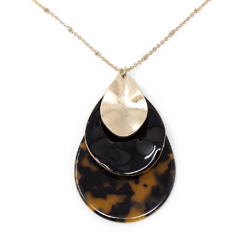 luxury necklaces for women-Tortoise/Hammered Teardrop Pendant Long Necklace Gold Tone