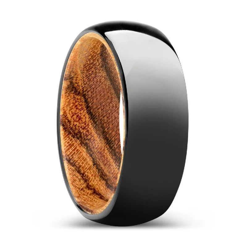 matching engagement rings for women-ENCHANT | Bocote Wood, Black Tungsten Ring, Shiny, Domed Tungsten