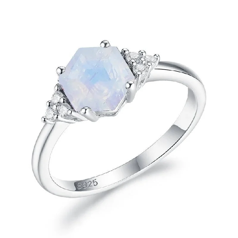 romantic gemstone engagement rings for women-Rainbow Hexagon Moonstone Gemstone Ring