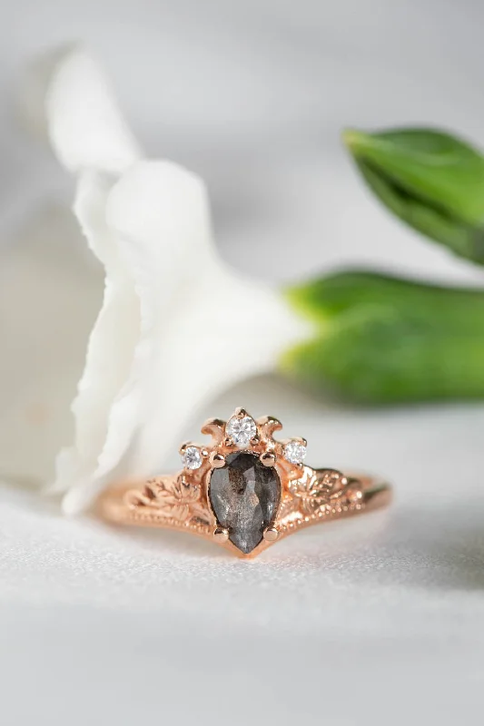 exclusive engagement rings for women-Nature inspired engagement ring with natural rose cut salt and pepper diamond / Ariadne