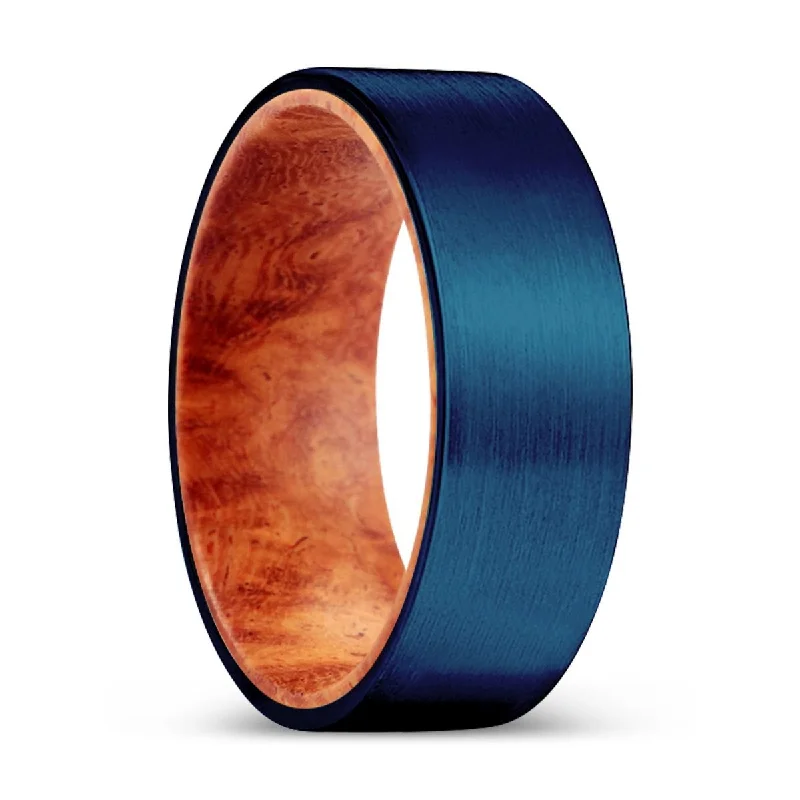 luxury rings for women-TYPHOON | Red Burl Wood, Blue Tungsten Ring, Brushed, Flat