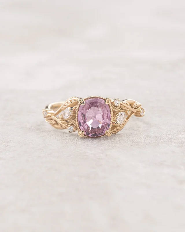 round-cut engagement rings for women-Genuine pink sapphire branch engagement ring, gold leaves and diamonds proposal ring / Patricia