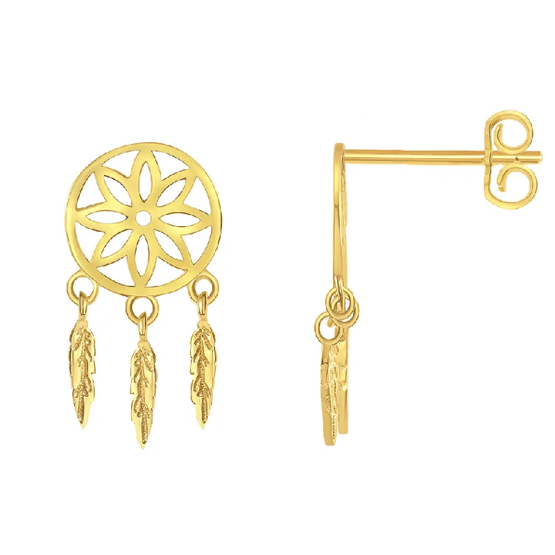 birthstone earrings for women-Solid 14k Yellow Gold Native American Dreamcatcher Dangling Feathers Stud Earrings with Screw Back, 16mm