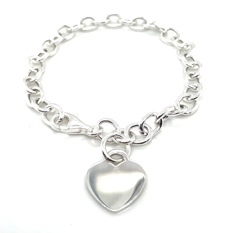 gemstone bracelets for women-Sterling Silver Round Belcher Link Bracelet With Heart Charm