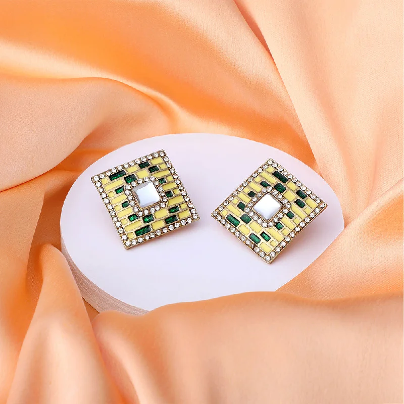 stud earrings with gemstones for women-Mahi Squarish Dangler Earrings with Crystals and Yellow and Green Meenakari Enamel for Women (ER11098147GYel)