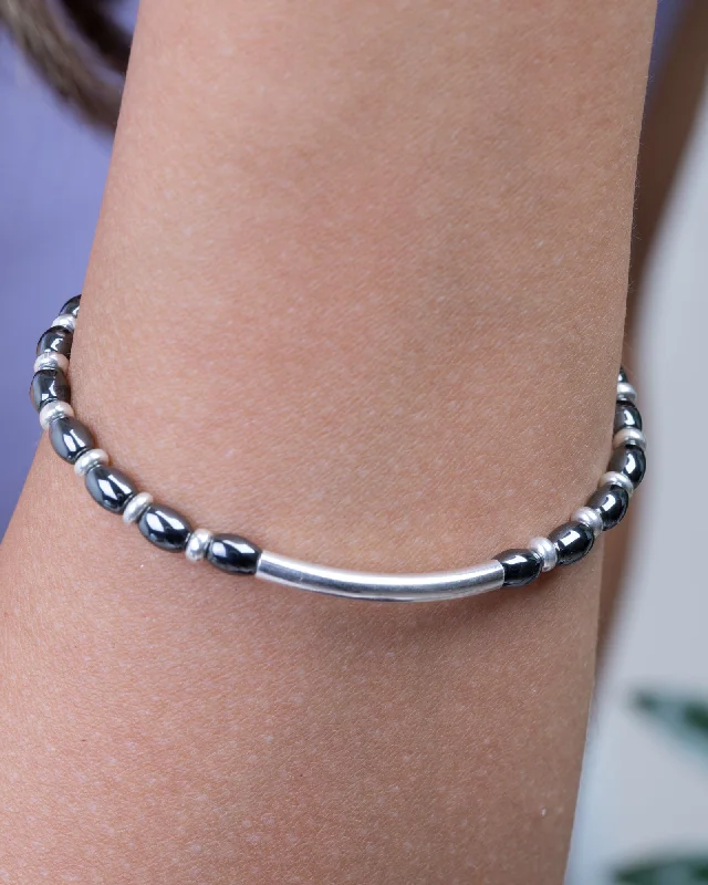 custom engraved bangles for women-Silver and Hematite oval Bracelet