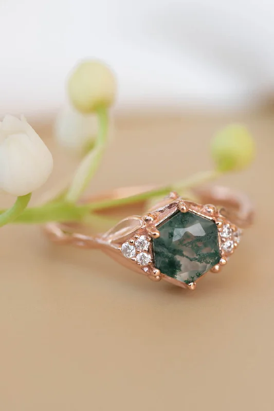 trendy engagement rings for women-Moss agate engagement ring, gold leaves proposal ring with diamonds / Roma