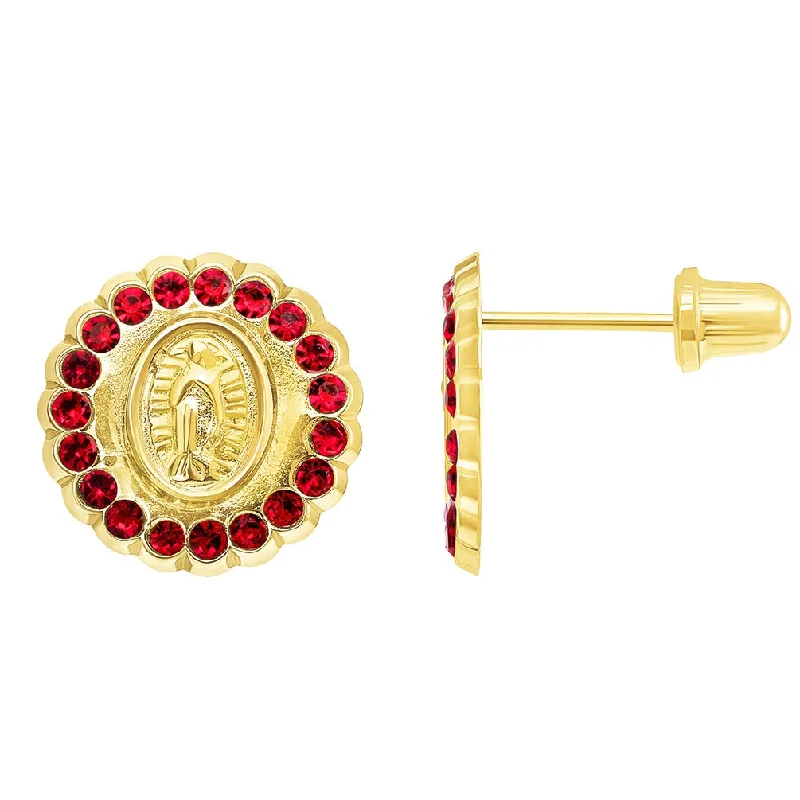 stud earrings with gemstones for women-14k Yellow Gold Red Cubic Zirconia Round Our Lady Of Guadalupe Stud Earrings with Screw Back