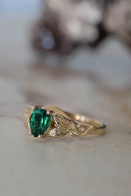 modern solitaire engagement rings for women-Teardrop emerald engagement ring, gold leaves ring / Azalea