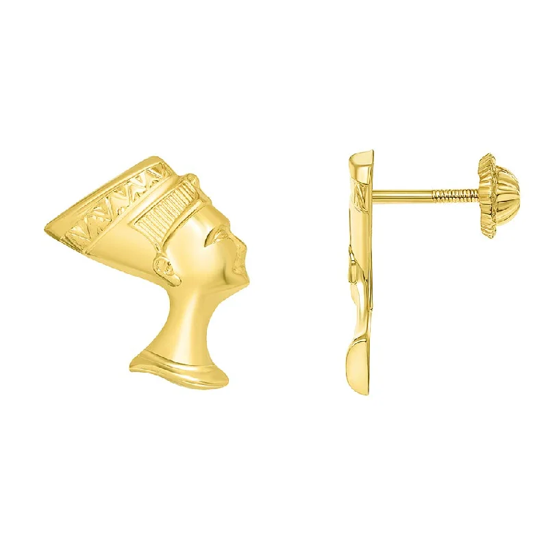 crystal drop earrings for women-14k Yellow Gold Head of Egyptian Queen Nefertiti Studs Earrings with Closed Safety Screw Back