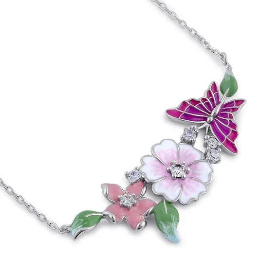 delicate necklaces for women-Sterling Silver Clear CZ Enamel Floral Necklace