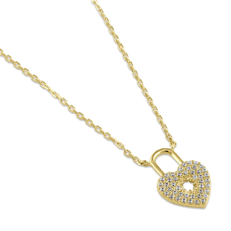 matching wedding necklaces for women-Solid 14K Gold Heart Lock CZ Necklace