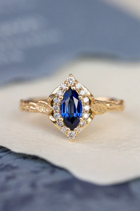 designer engagement rings for women-Dark blue lab sapphire engagement ring, gold proposal ring with marquise cut gemstone and diamond halo / Florentina