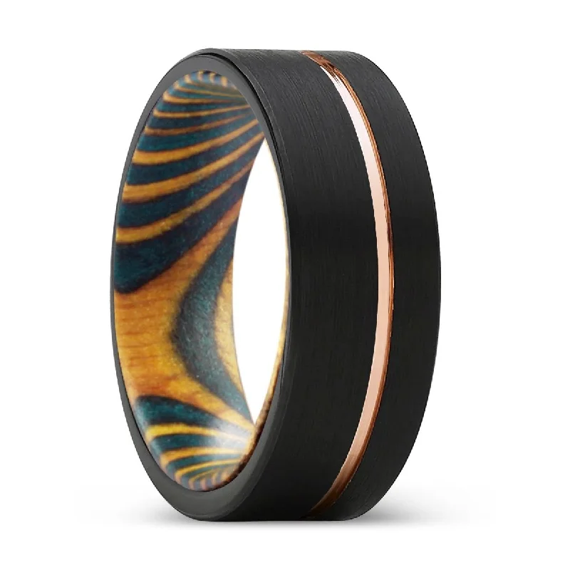 statement rings for women-VIRIDIAN | Green and Yellow Wood, Black Tungsten Ring, Rose Gold Offset Groove, Brushed, Flat