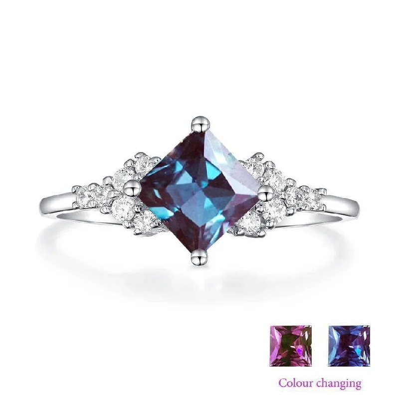 wedding engagement rings for women-Princess Cut Lab Alexandrite Gemstone Ring