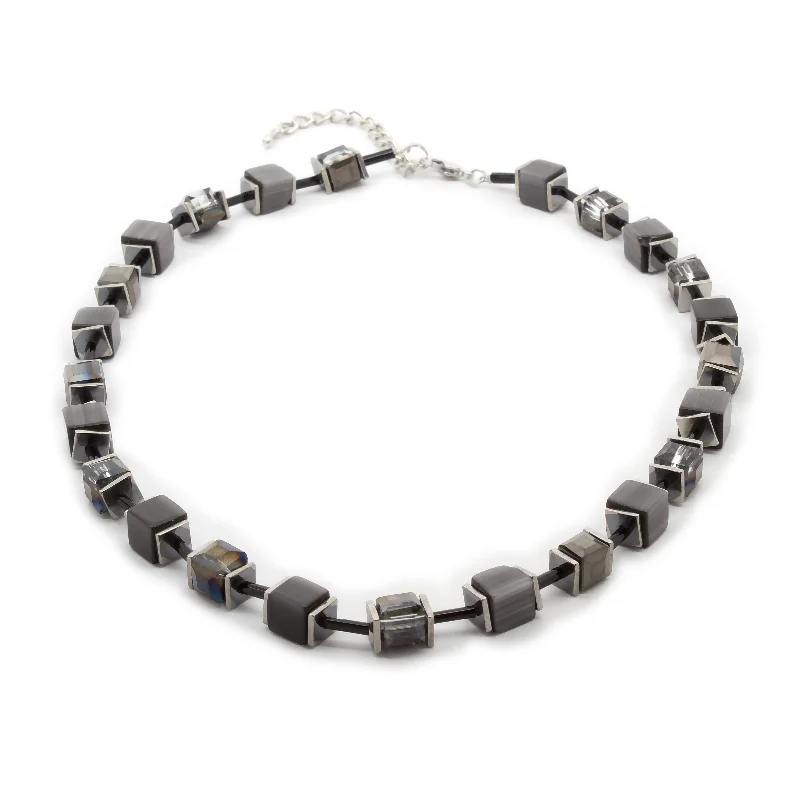 simple necklaces for women-Semi Precious Stone and Crystal Cube Necklace Dark Grey