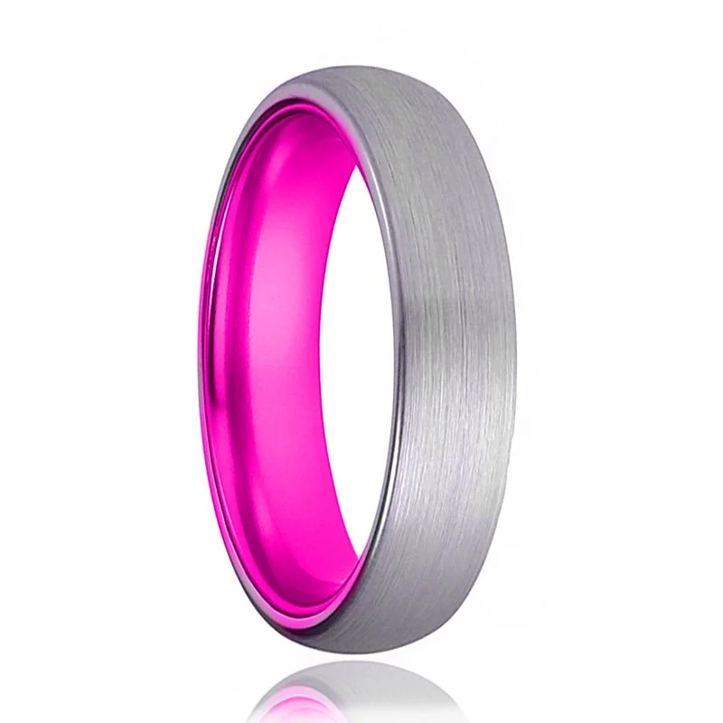 men's rings for women-PASSION | Pink Ring, Silver Tungsten Ring, Brushed, Domed