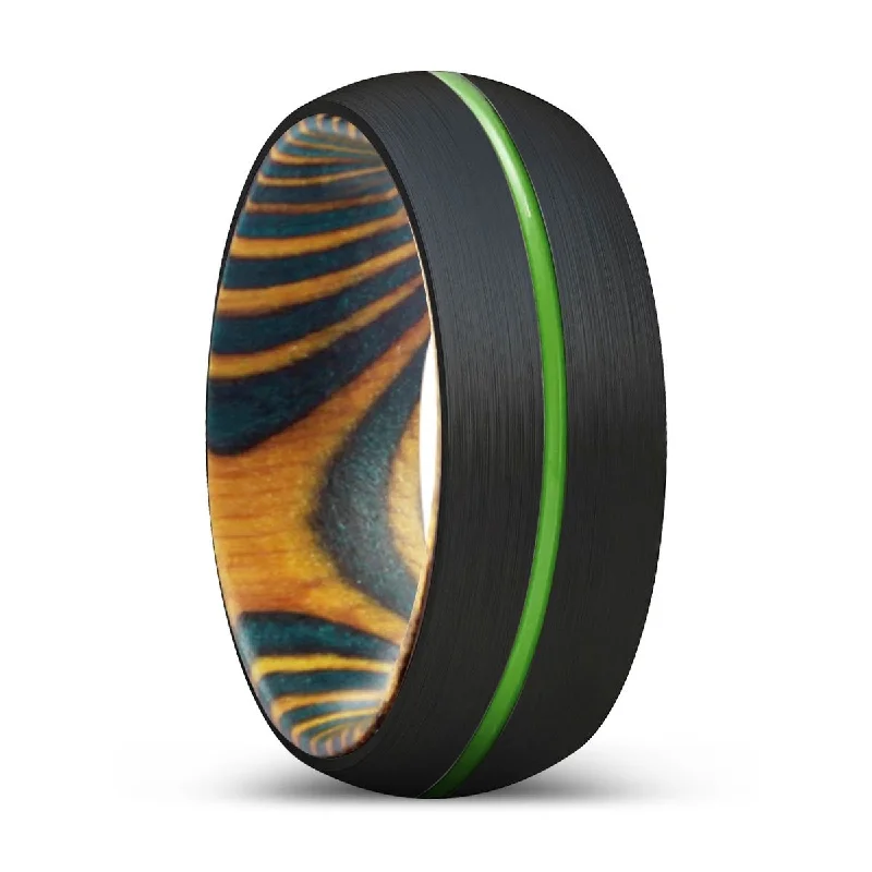 silver engagement rings for women-PELICAN | Green & Yellow Wood, Black Tungsten Ring, Green Groove, Domed