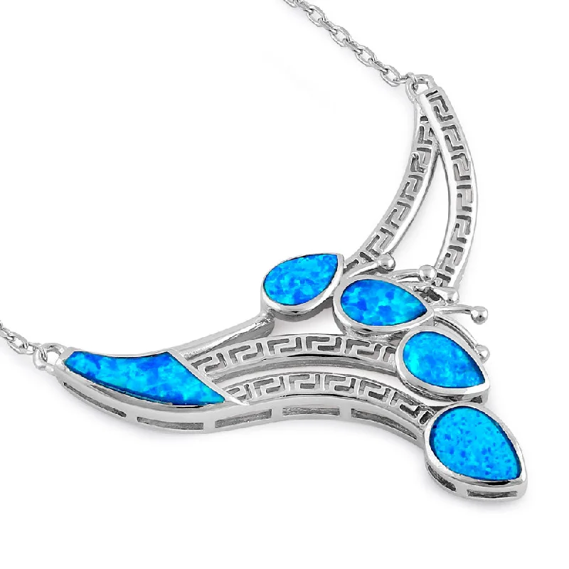 geometric necklaces for women-Sterling Silver Blue Lab Opal Anthurium Bouquet Greek Necklace