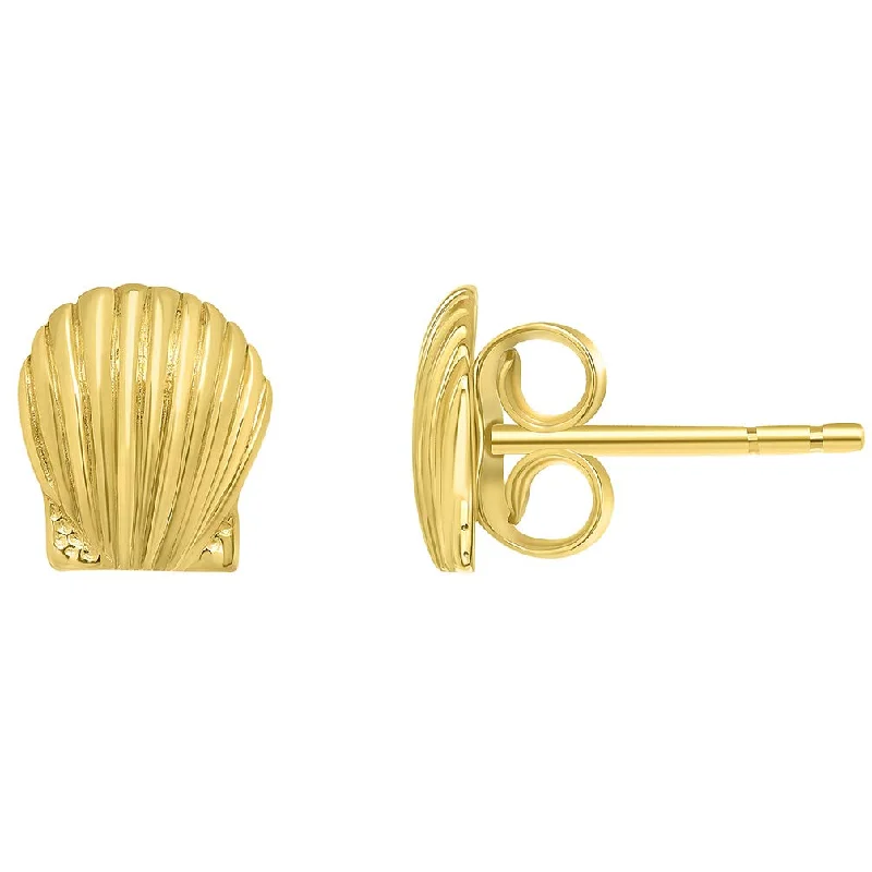 long earrings for women-Solid 14k Yellow Gold Scallop Shell Stud Seashell Earrings with Friction Back