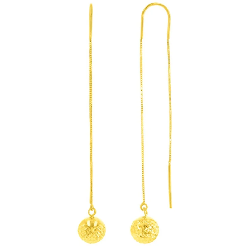 fashionable stud earrings for women-14K Yellow Gold Textured Ball Dangling Drop Threader Earrings, 8mm