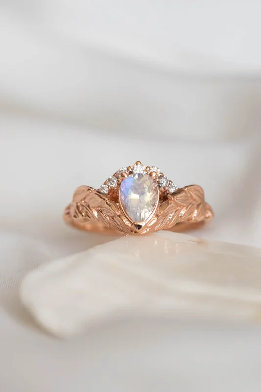 timeless engagement rings for women-Blue moonstone engagement ring, rose gold leaves proposal ring with diamonds / Palmira Crown