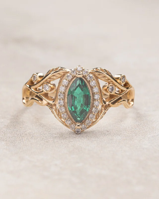 classic engagement rings for women-Marquise engagement ring with lab emerald and diamond halo / Callisto