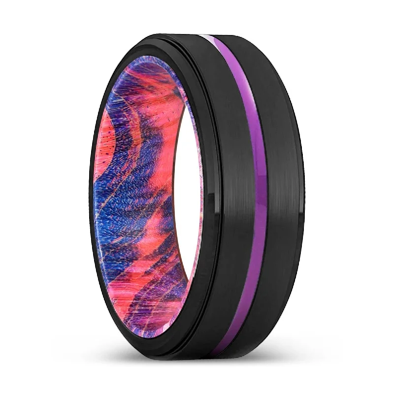 promise rings for women-BUNDABERG | Blue & Red Wood, Black Tungsten Ring, Purple Groove, Stepped Edge