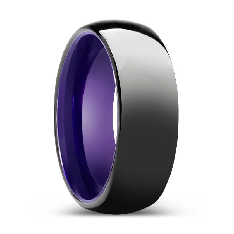 fashionable rings for women-DAUER | Purple Ring, Black Tungsten Ring, Shiny, Domed