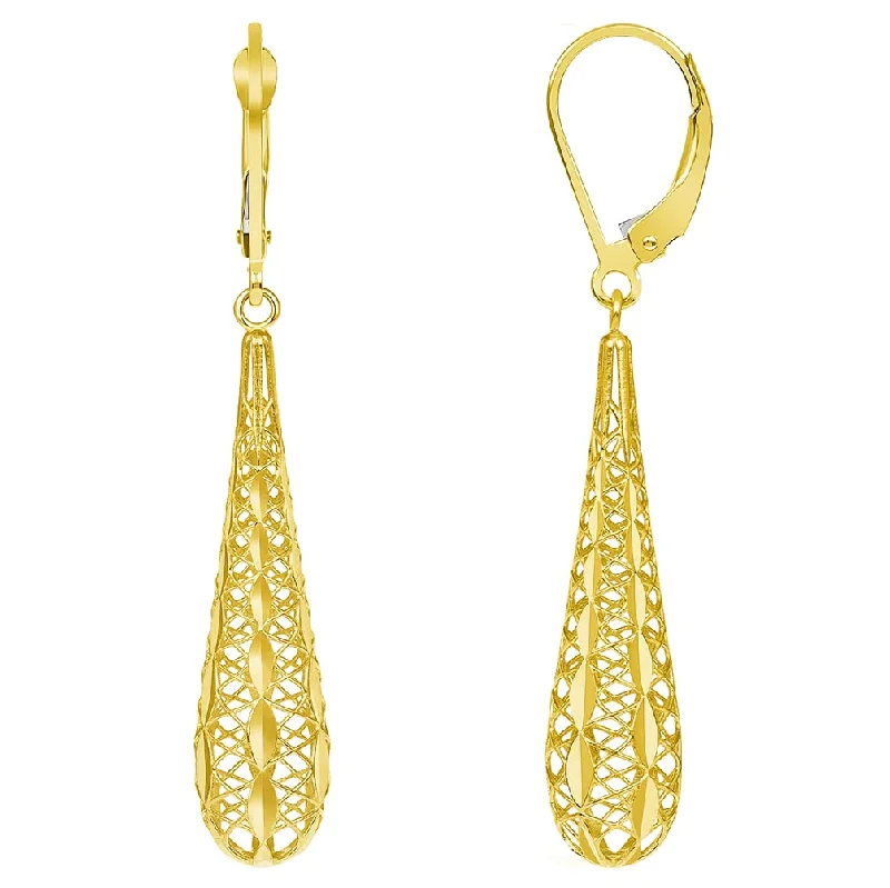 statement stud earrings for women-14k Yellow Gold Textured Openwork Teardrop Dangle Drop Earrings, 7.5mm